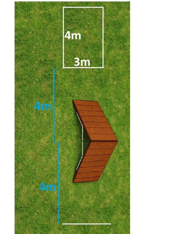Schéma prostoru pro aport šplhem – obdélník 3 m × 4 m, vzdálenost 4 m, měřeno od středu překážky